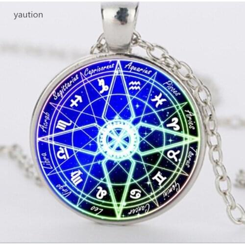 Blue pentagram wiccan glass necklace silver chain constellation necklaces charms blue ball glass pendant jewelry bijouterie