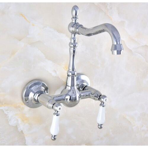 Polished Chrome Brass Wall Mounted Bathroom Kitchen Sink Faucet Swivel Spout Mixer Tap Dual Ceramics Handles Levers mnf574