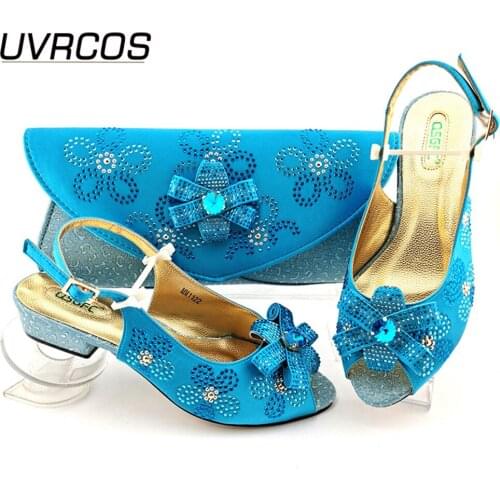 Lovely Italian Design Sky Blue Color 2021 New Arrival Summer Narrow Band Style African Ladies Shoes and Bag Set for Party