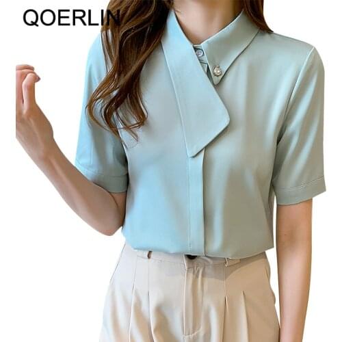 QOERLIN Summer Mint Green Shirt Female Chic Short Sleeve Temperament Stand Collar White Blouse Office Ladies Beaded Loose Casual