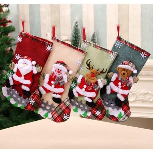 1 pcs Christmas Stockings Socks with Snowman Santa Elk Bear Printing Xmas Candy Gift Bag Fireplace Xmas Tree Decoration New Year