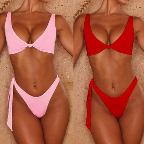 Teeuiear v neck bandage push up bikinis Women Sexy Bikini Set Casual knot low waist Bathing Suit Swimsuit biquini Thong Swimwear