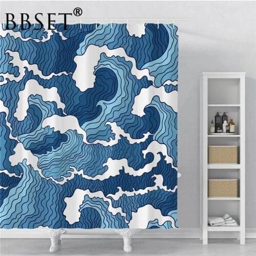 Japanese Style Shower Curtain Hand Drawn Blue Waves Pattern Waterproof Multi-size Douchegordijn Bathroom Decor Witn 12 Hooks