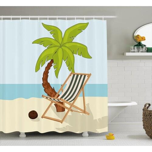 Beach Shower Curtain Cartoon Style Drawing Palm Tree Coconut and Sunbed on Sand Summer Season Waterproof Polyester Bath Curtains