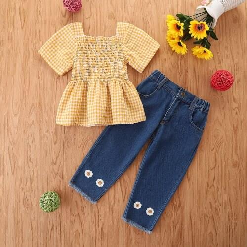 1-6 Years Fashion Summer Girl Clothes Plaid Set Off Shoulder Short Sleeve Square neck Dress and Little Daisy Print Denim Pants