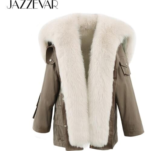 JAZZEVAR 2019 New High Fashion street Women Luxurious fox Fur Parka Ladies detachable Real Fur rabbit lining Coat winter jacket