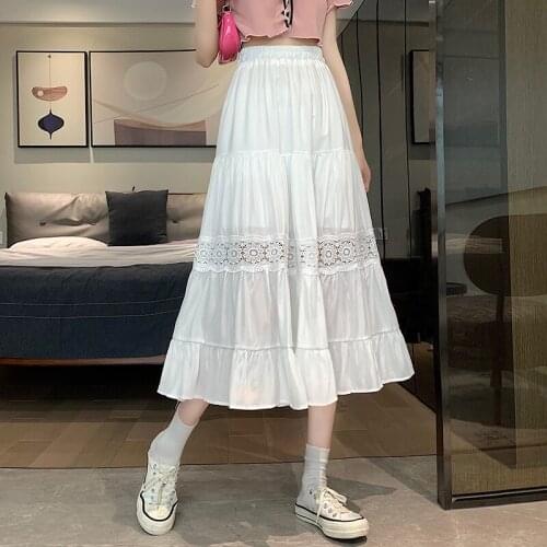 Black White Lace Stitch Maxi Korean Fashion High-Waisted Vintage Spring Autumn Summer WomenS Clothing Skirts Vetement 2021