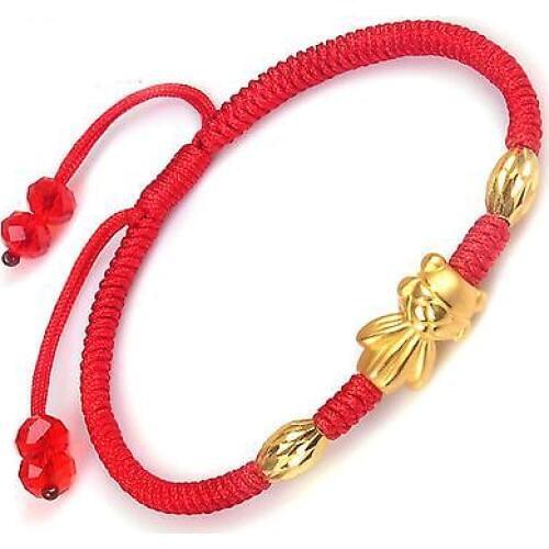 Fine Pure 999 24K Yellow Gold Women Lovely Fish Bead Knitted Bracelet Adjustable
