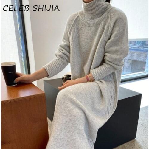 Elegant Turtleneck Full Sleeve Long Sweater Dress Woman Autumn Loose Casual Gray Solid Knitting Dress Female Winter Chic 2021
