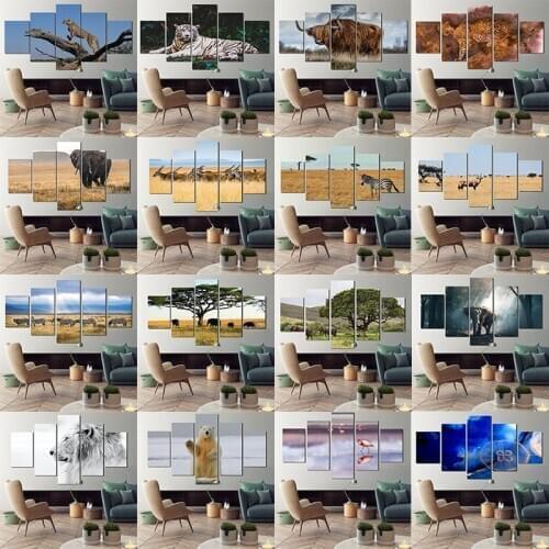 5 Pieces Photorealism Animal World Canvas Painting HD Living Room Zoo Art Gallery Decoration Leopard Zebra Polar Bear Flamingo