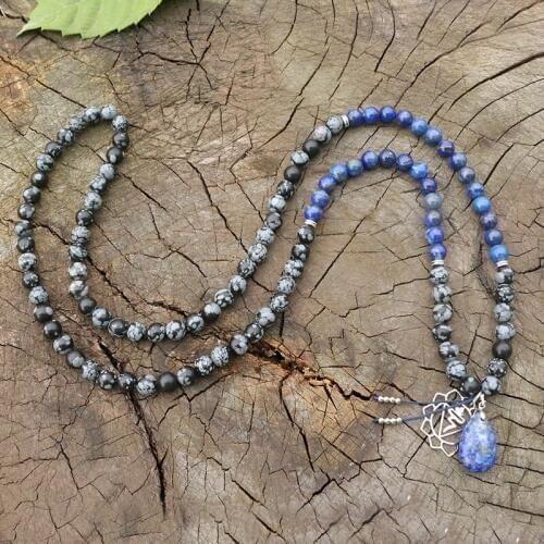 8mm Lapis And Lapis Pendant,Snowflake Obsidian,JapaMala Necklace,Meditation Mala,Buddhist Mala Prayer Bead,108 Mala Beads,Chakra