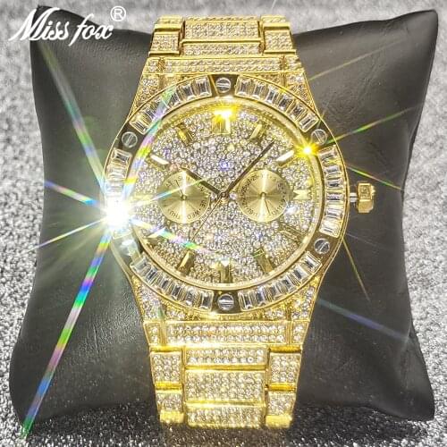 18K Gold Men Watch MISSFOX Iced Out Luxury Sport Style Double Dial Chronograph Watches Steel Waterproof Watch For Men Jewelry