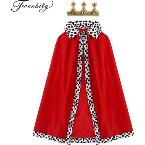 Children King Costume Red Velvet Cloak Cape with Crown Outfit Set for Kids Halloween Prince Cosplay Party Outfit Accessories Set