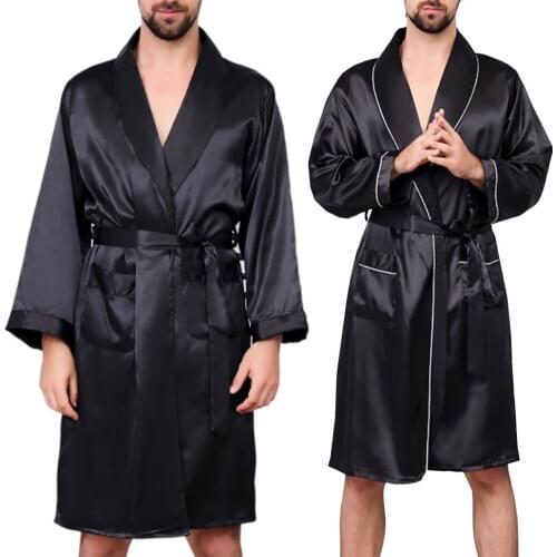 Men Summer Imitation Silk with Pockets Waist Belt Bath Robe Home Gown Sleepwear