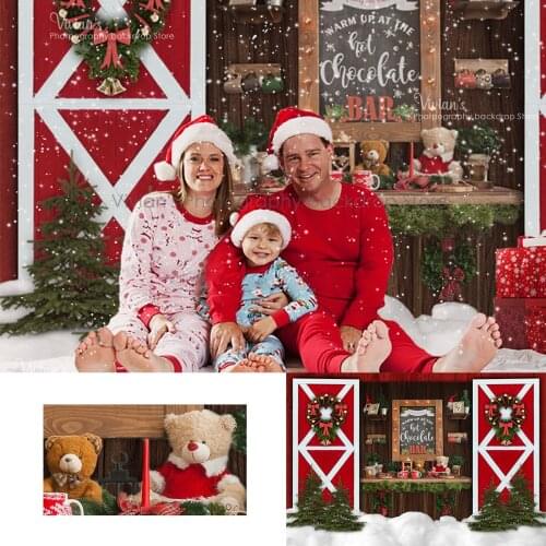 Red Wood Door Christmas Backdrop Kids Photography Child Family Portrait Snowy Scene Toy Bear Chotolate Bar Baby Photostudio