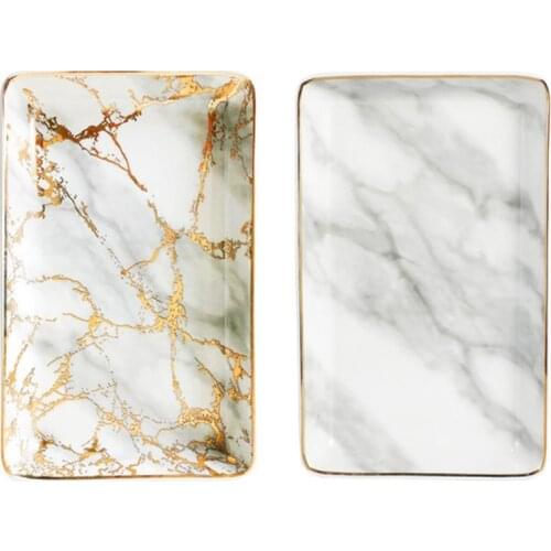 2PCS Ceramic Storage Tray Nordic Style Rectangular Marble Pattern Practical Decoration Jewelry Display Tray, Gold & Gray