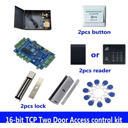 Access control kit,TCP two door access control+powercase+280kg magnetic lock+U-bracket+ID reader+button+10 ID tags,sn:kit-B207