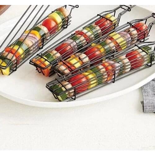 BBQ Grilling Basket Portable Kabob High Quality Durable Non-Stick Coating Steel Barbecue Grill With Wooden Handle Bbq Party Tool