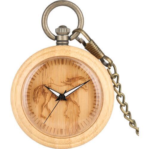 Engraving Horse Dial Bamboo Wood Quartz Pocket Watch Natural Wooden Pendant Clock Vintage Bronze Hanging Pocket Chain