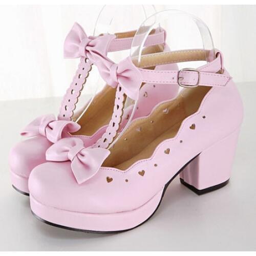 Sweet Lolita Shoes Pink Chunky Heel Square Toe Bows PU Lolita Pump Shoes