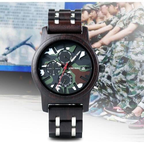BOBOBIRD Men Watch relogio masculino Chronograph Camouflage Multi Functional Wooden Watches Classic Man Wristwatch C-kR17