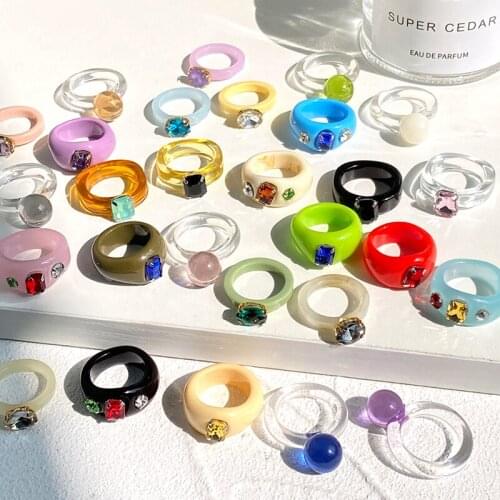 Transparent Resin Acrylic Colourful Geometric Rings Square Round Irregular Marble Pattern Ring Set For Women Jewelry Party Gifts
