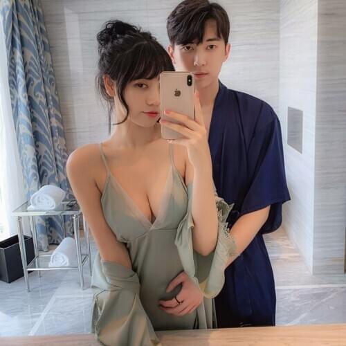 Lovers Sexy Silk Satin New Wedding Nightgown Female Nightdress With Chest Cushion V-Neck Suspender Dress Men Morning Gown Hotel