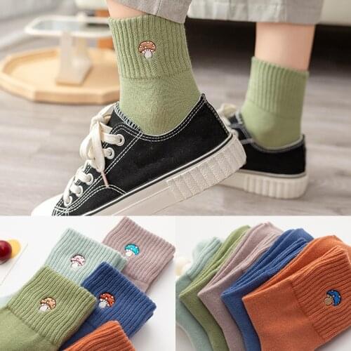 Spring 1 pair of womens solid color socks vegetable embroidery mushroom eggplant cotton socks casual socks 5 colors available
