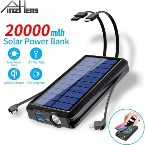 PINZHENG 20000mAh Wireless Charging Power Bank Built-in 4 Cables Portable External Battery Charger Powerbank For iPhone Xiaomi