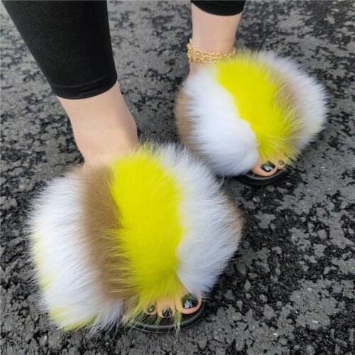 New Womens Soft Fox Fur Slippers Female Home Casual Flip Flops Ladies Fluffy Falt Non-Slip Slides Luxury Plush Shoes Wholesale