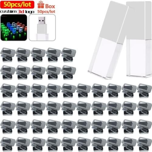 50pcs/lot free logo usb flash drives with LED light crystal transparent glass usb 2.0 16GB 32GB 64GB 128GB For wedding pendrive