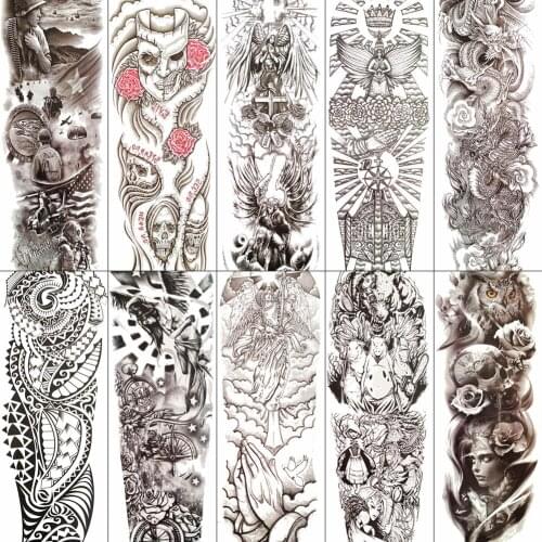 3D Black Full Arm Men Temporary Tattoos For Women Female Summer Style Waterproof Fake Tattoo Sticker Paper Totem Death Skull