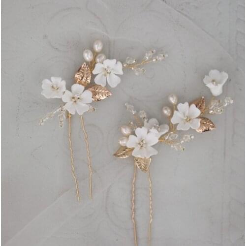 Gold Leaf Hair Pins Bridal Clips Porcelain Flower Wedding Headpiece Handmade Women Hair Accessories Pearls Jewelry