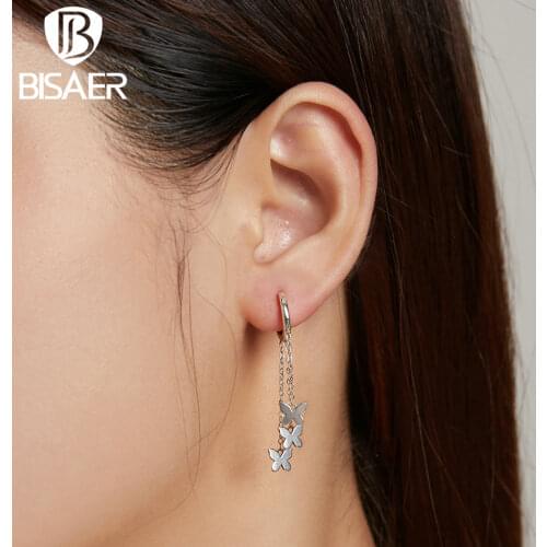 BISAER 100% 925 Sterling Silver New Design Butterfly Tassel Drop Earrings For Women Girl Fashion Luxury Silver Jewelry ECE1173