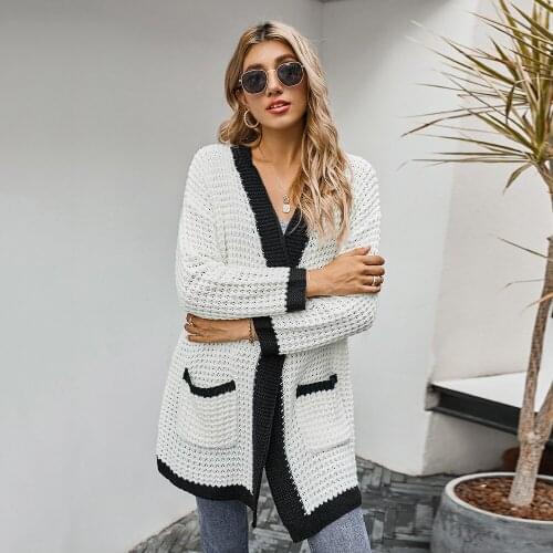 Women Stitching Cardigan Jacket With Pockets Long Sleeve Patchwork Knitted Outwear Soft Long Female Sweaters Casual Coat D25