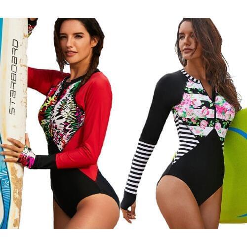 Women Swimsuit Long Sleeve Floral Print Bathing Suit Rashguard One Piece Suit Surfing Swimwear Zip Front Rash Guard Swim Suit XL