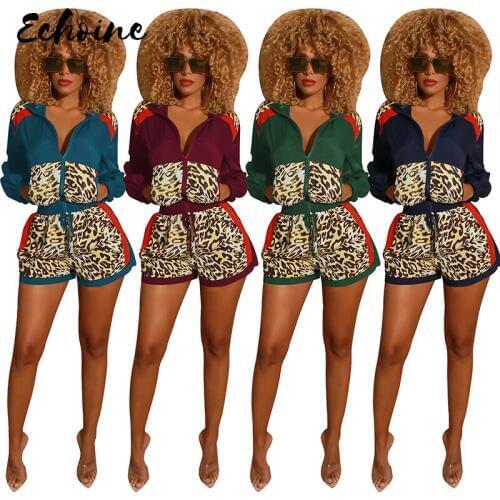 Autumn Spring Womens Set Long Sleeve Leopard Print Jacket Pockets Shorts Suit Streetwear Two Piece Set Sporty Tracksuit S-XXL