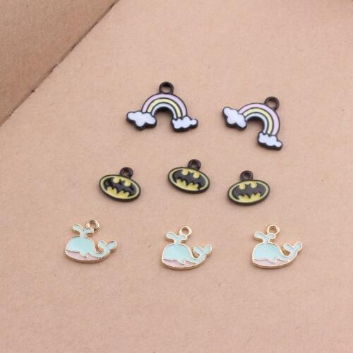 Mini Order 10PCs Rainbow Alloy Charms Bat Man Logo Animal Whale Enamel Metal DIY Jewelry Earring Bracelet Charms