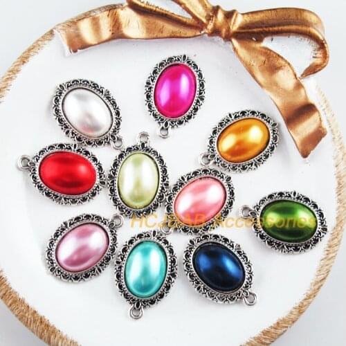 20 New Oval Charms Tibetan Silver Tone Retro Mixed Acrylic Pendants 16x23mm