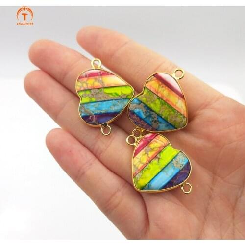 5pcs Natural Yellow Emperor Stone Heart Shaped Pendant Diplopore Connector Charm Woman Jewelry Making Necklace Bracelet DIY 20mm