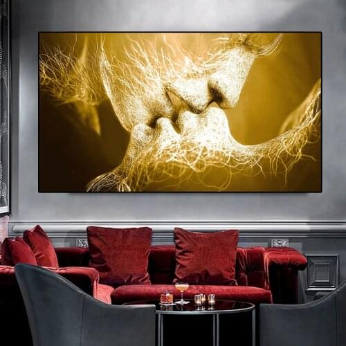 Abstract Love Kiss Canvas Painting Golden Art Poster Print Wall Pictures Modern Couple Bedroom and Living Room Home Decoration