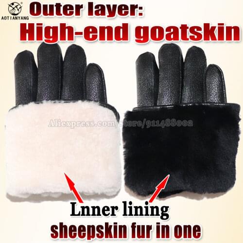 AOTIANYANG Goat skin Mens Leather Winter Fur Gloves Super Warm Motorcycle Gloves Windproof Thick Sheepskin gloves real wool fur
