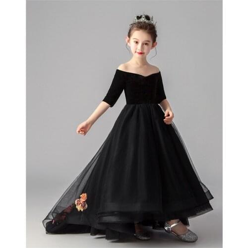 Caustom made black shoulderless embroidery train ball gown dress children girls party dress