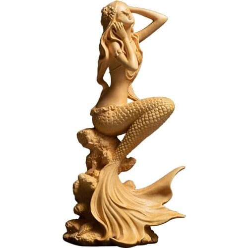 15/19cm Wooden Mermaid Sculpture Creative Pure Hand Carved Boxwood Carving Home Decoration Beauty Figure Carving Crafts Office