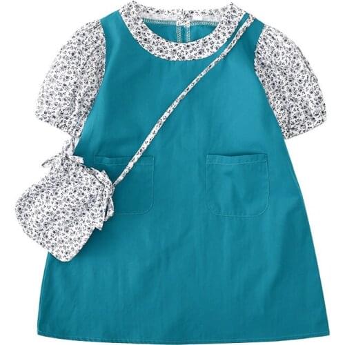 Kids Dresses 2021 Summer New Sweet Girls Floral Splicing Lantern Sleeve Princess Dress 2-6 Years Child Clothing (Free Bag)