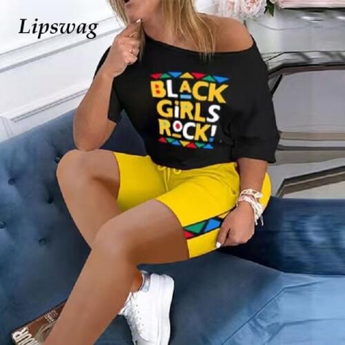 Elegant Off Shoulder Letter Print Two Piece Sets Women Sexy Short Sleeve Shirt and Shorts Suit Lady Summer Casual Sports Outfits