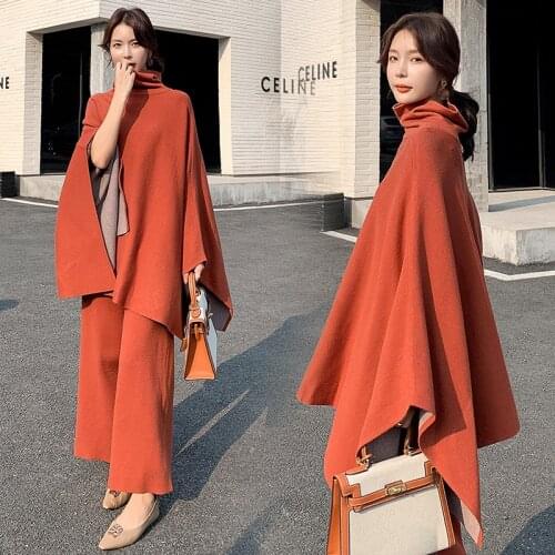 Brand Famous New 2021 Spring Sweater Two-Piece Set Turtleneck Cape Sweater Loose Knitted Wide-Leg Pants 2 Piece Set