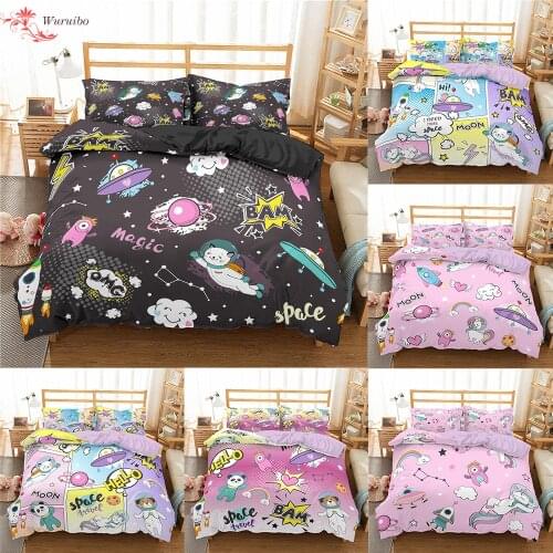 Outer Space Duvet Cover Purple Pink Comforter Cover Unicorn Cat Bed Cover 90/135/150 Twin Full King Queen Girl Teens Bedding Set