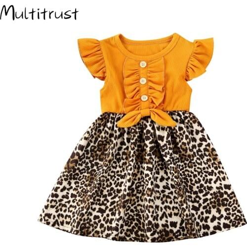 Multitrust Summer Toddler Baby Girl Clothes Short Sleeve Ruffle Splicing Leopard Dress Princess Party Cute New 6M-4Y