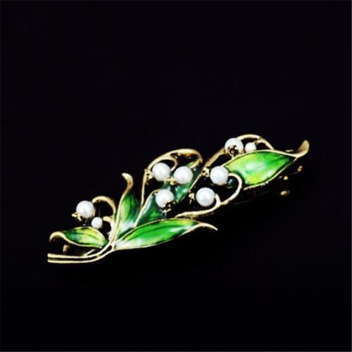 Charm Simulated-pearl Gold Color Metal Barrettes Hair Jewelry Enamel Green Flowers Hair Clip Wedding Hair Accessories